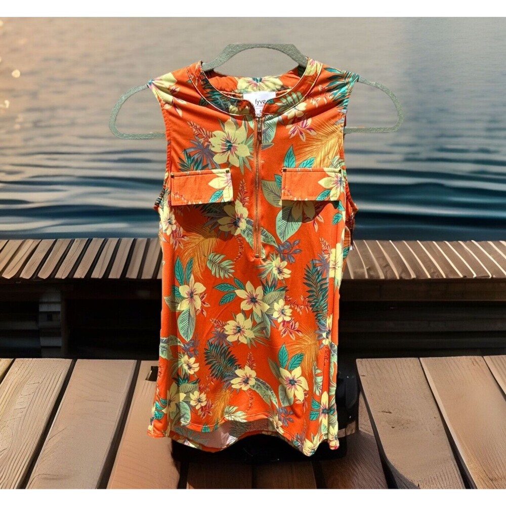 NEW Fyve Orange Floral Tropical Sleeveless Blouse Low-High Hem‎ Stretch - Small
